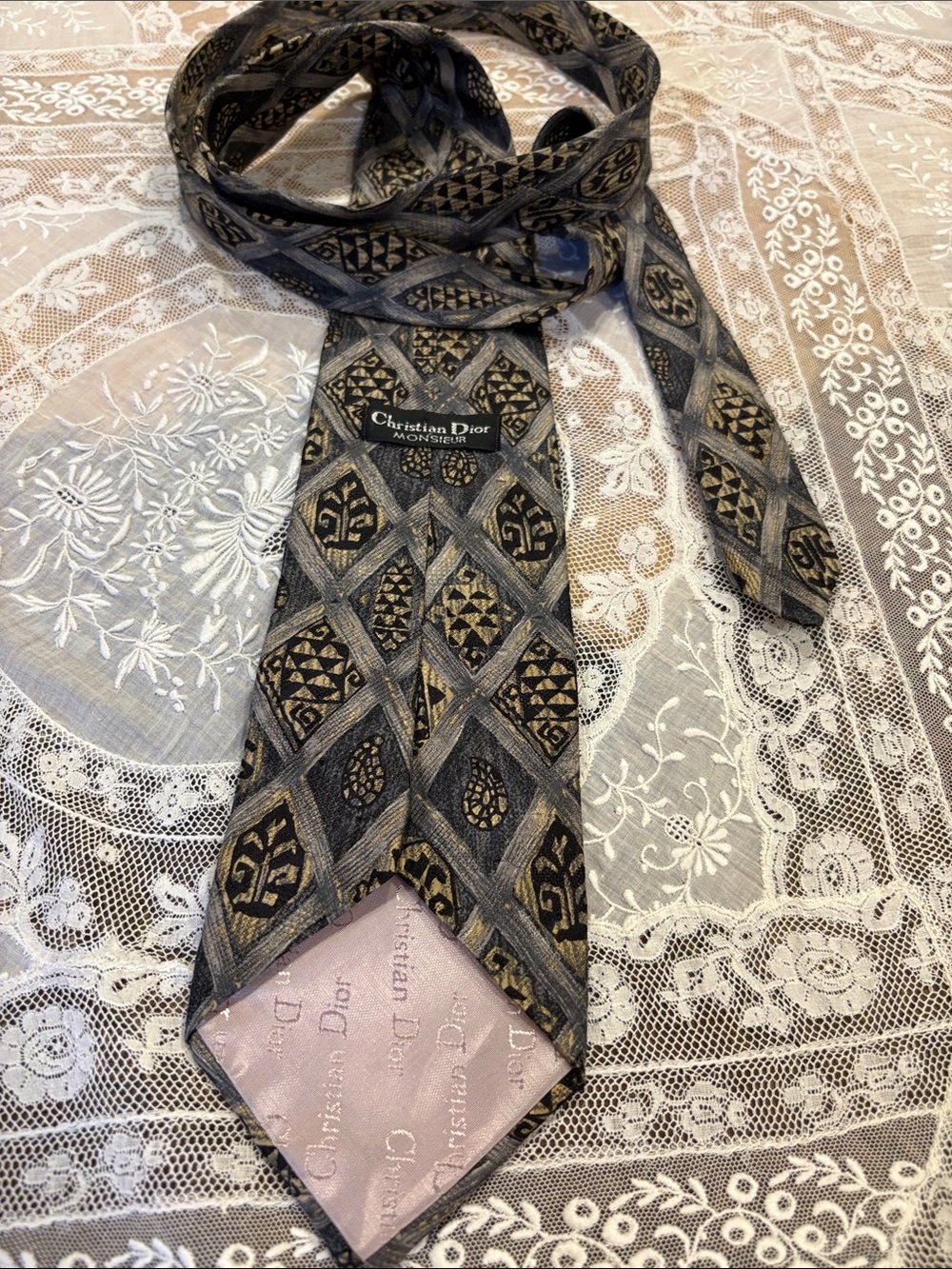 Vintage Dior Black and Gold Geometric Silk Tie